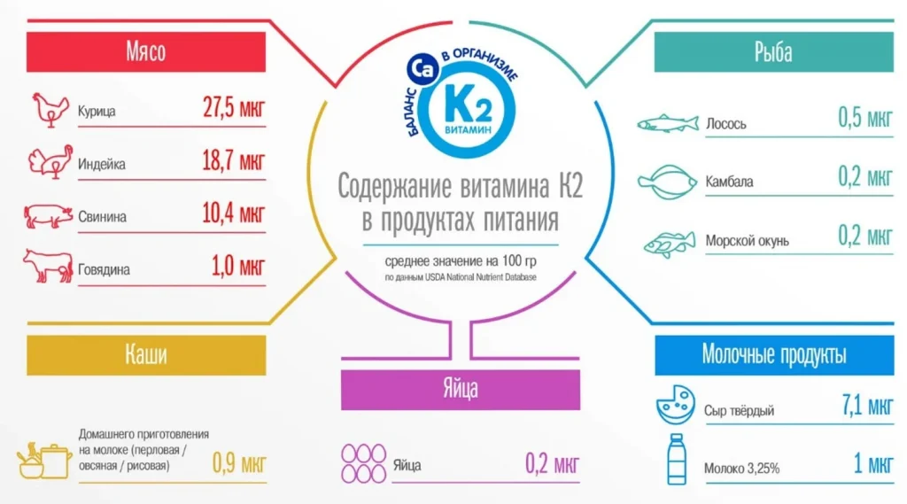 Красочная раскладка продуктов - сыры, мясо, яйца с указанием содержания К2
