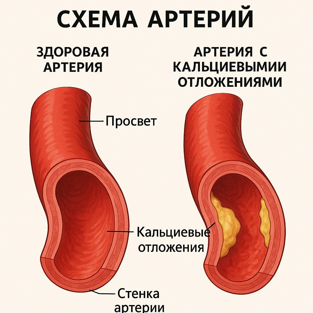 Схема артерий - здоровая артерия vs артерия с кальциевыми отложениями